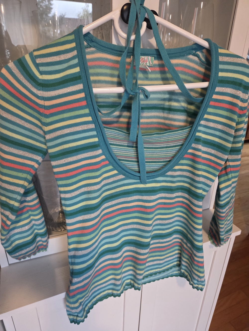 Mango Striped Long Sleeve Scoop Neck Top in Teal Multi